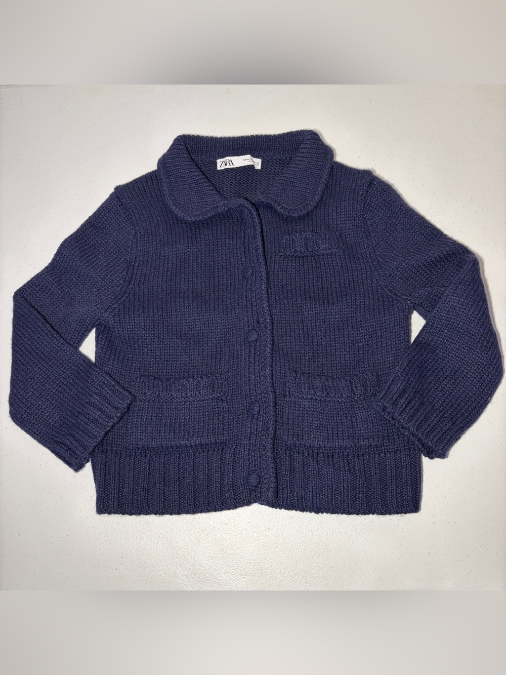 ZARA Knit Cardigan Sweater Women’s M Blue Solid Collared Button Front Pockets